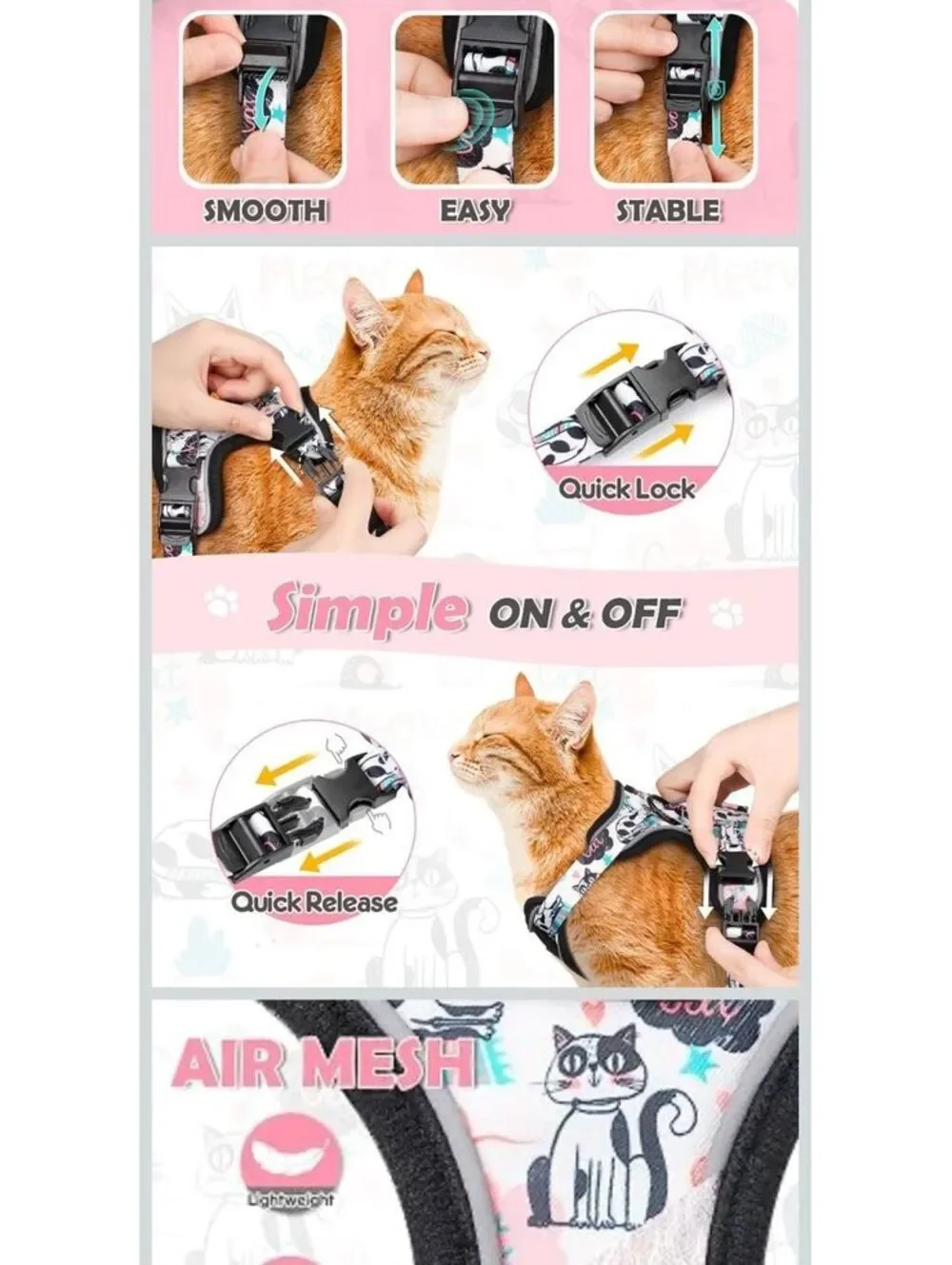 Escape-Proof Cat Harness and Leash Set with Integrated Buckles -Medium Size